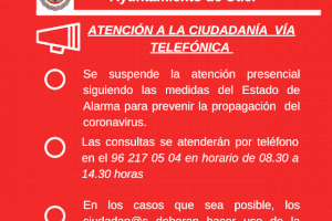 El Ayuntamiento de Utiel atenderá vía telefónica las consultas ciudadanas