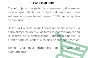 El alumnado con beca de comedor tendrá un 'vale' para adquirir alimentos en Consum y Charter de Requena