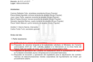 El PSPV-PSOE de Onda demuestra con documentos que Ballester renunció al 1,5% cultural en una Junta de Gobierno y no en el pleno