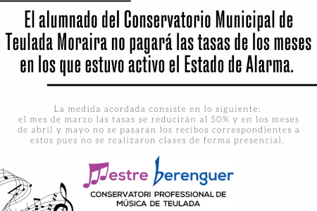 L'alumnat del Conservatori Municipal de Teulada Moraira no pagarà les taxes dels mesos en què va estar actiu l'Estat d'Alarma