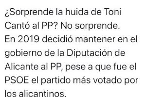 Toni Francés: “¿Sorprende la huida de Toni Cantó al PP? No sorprende. Cantó reforzó al PP de siempre, al de Zaplana y Ripoll”