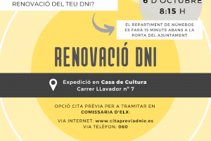 La pròxima expedició del DNI Crevillent serà el dimecres 6 d'octubre La pròxima expedició del DNI Crevillent serà el dimecres 6 d'octubre