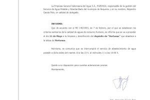 EGEVASA informa de cortes de agua en Hortunas y Los Pedrones por labores de mantenimiento