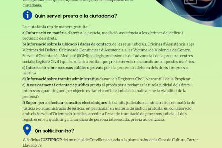 Crevillent pone al servicio de su ciudadanía “JUSTIPROP”, un nuevo servicio de orientación jurídica gratuito financiado por la Generalitat Crevillent pone al servicio de su ciudadanía “JUSTIPROP”, un nuevo servicio de orientación jurídica gratuito financiado por la Generalitat