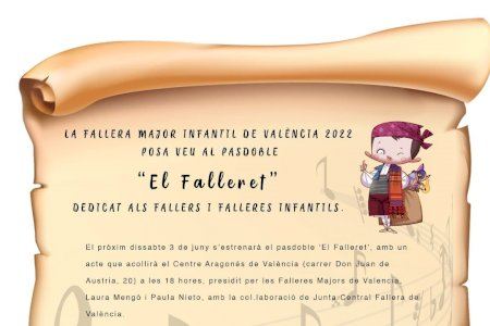 La Fallera Major Infantil de València 2022 posa veu al pasdoble ‘El Falleret’, dedicat al col·lectiu infantil de la festa La Fallera Major Infantil de València 2022 posa veu al pasdoble ‘El Falleret’, dedicat al col·lectiu infantil de la festa