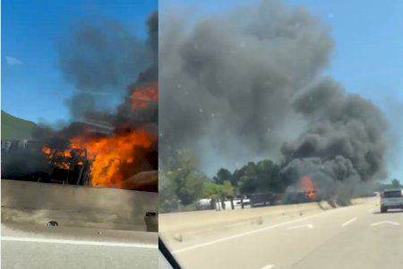 VÍDEO | Tallen la CV10 per l'incendi d'un camió entre Borriol i la Pobla Tornesa