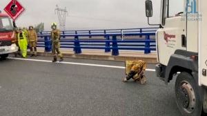 Un camión de mercancías peligrosas averiado tapona totalmente la A-7 en Alicante Un camión de mercancías peligrosas averiado tapona totalmente la A-7 en Alicante
