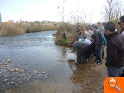 Un grupo de alumnos de 1º de Bachillerato del IES Vilamarxant participa en la repoblación de madrillas con la suelta de 1.700 ejemplares en el río Túria