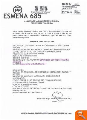 PP: “PSPV i Compromís rebutgen l'esmena per a ampliar en 3,5 milions la inversió en 2017 del col·legi Regina Violant” - (foto 2) PP: “PSPV i Compromís rebutgen l'esmena per a ampliar en 3,5 milions la inversió en 2017 del col·legi Regina Violant” - (foto 2)