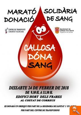 Callosa d'en Sarrià celebra el próximo 24 de febrero el tercer Maratón Solidario de Donación de Sangre - (foto 2) Callosa d'en Sarrià celebra el próximo 24 de febrero el tercer Maratón Solidario de Donación de Sangre - (foto 2)